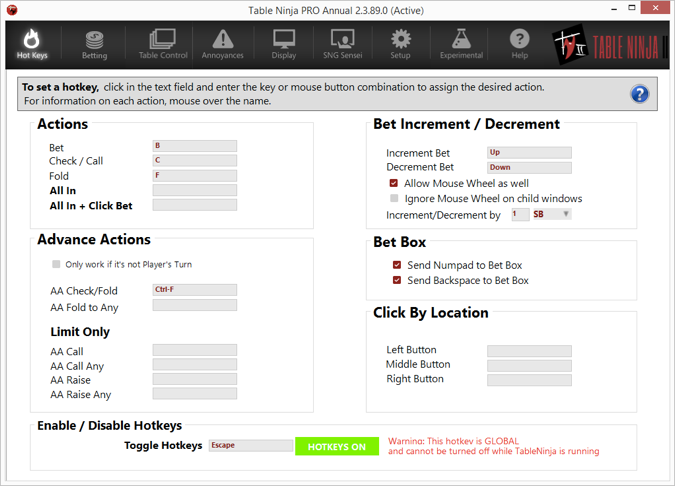 TableNinja II Hot Keys