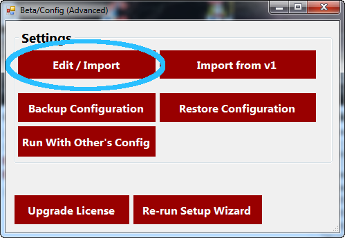 Beta/Config Window with Edit/Import Circled